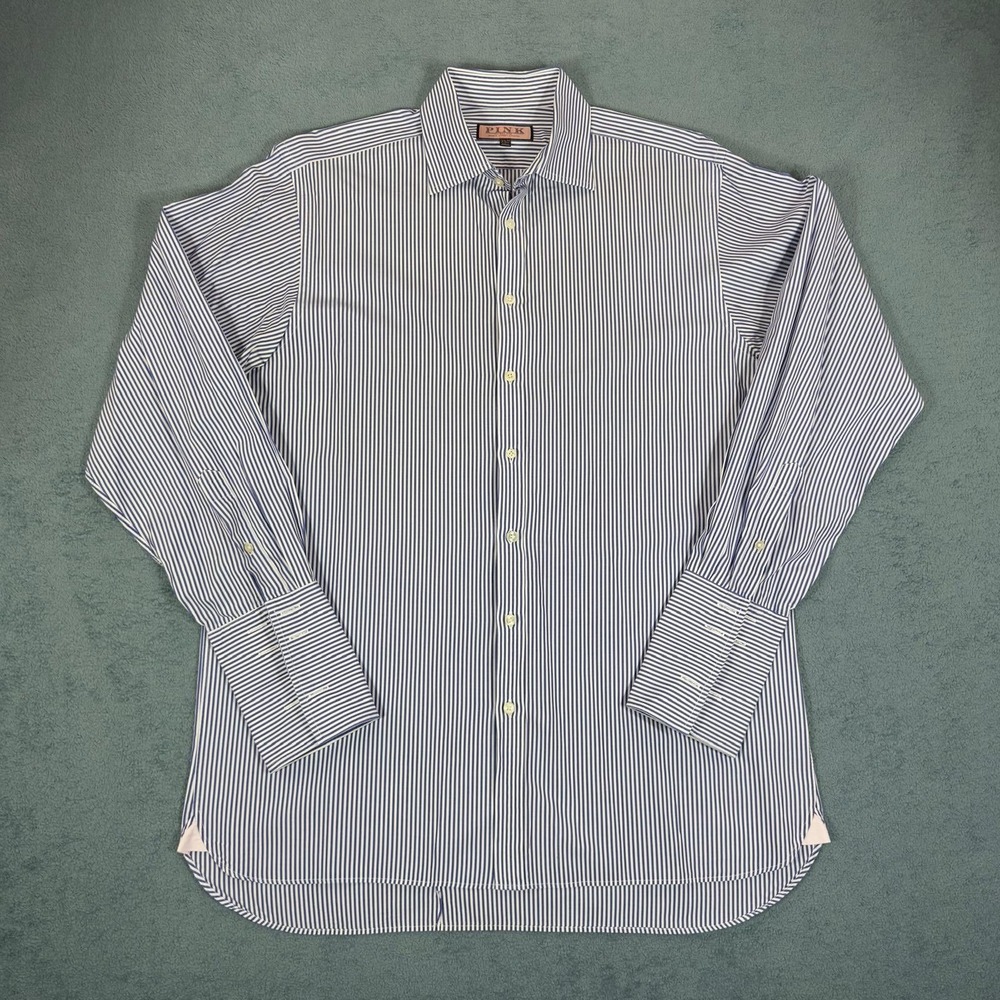 PINK Thomas‎ Pink Dress Shirt Blue Striped Long Sleeve Button Up Mens 16 1/2-35